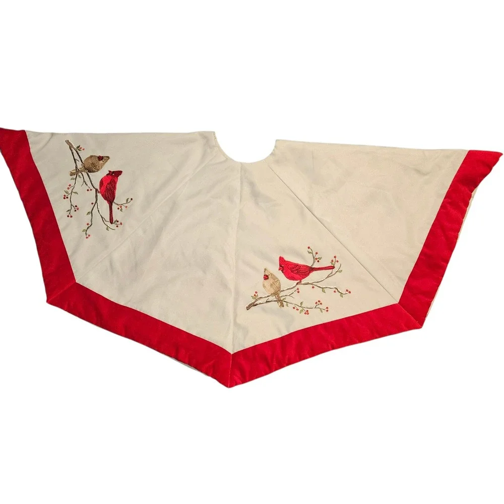 Winter Dreams Christmas Tree Skirt‎ Beige Red Cardinal Bird Embroidered Holiday